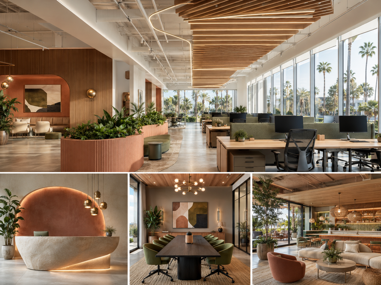 Modern office interior design in Costa Mesa featuring an open workspace, sculptural reception desk, executive meeting room, and biophilic lounge