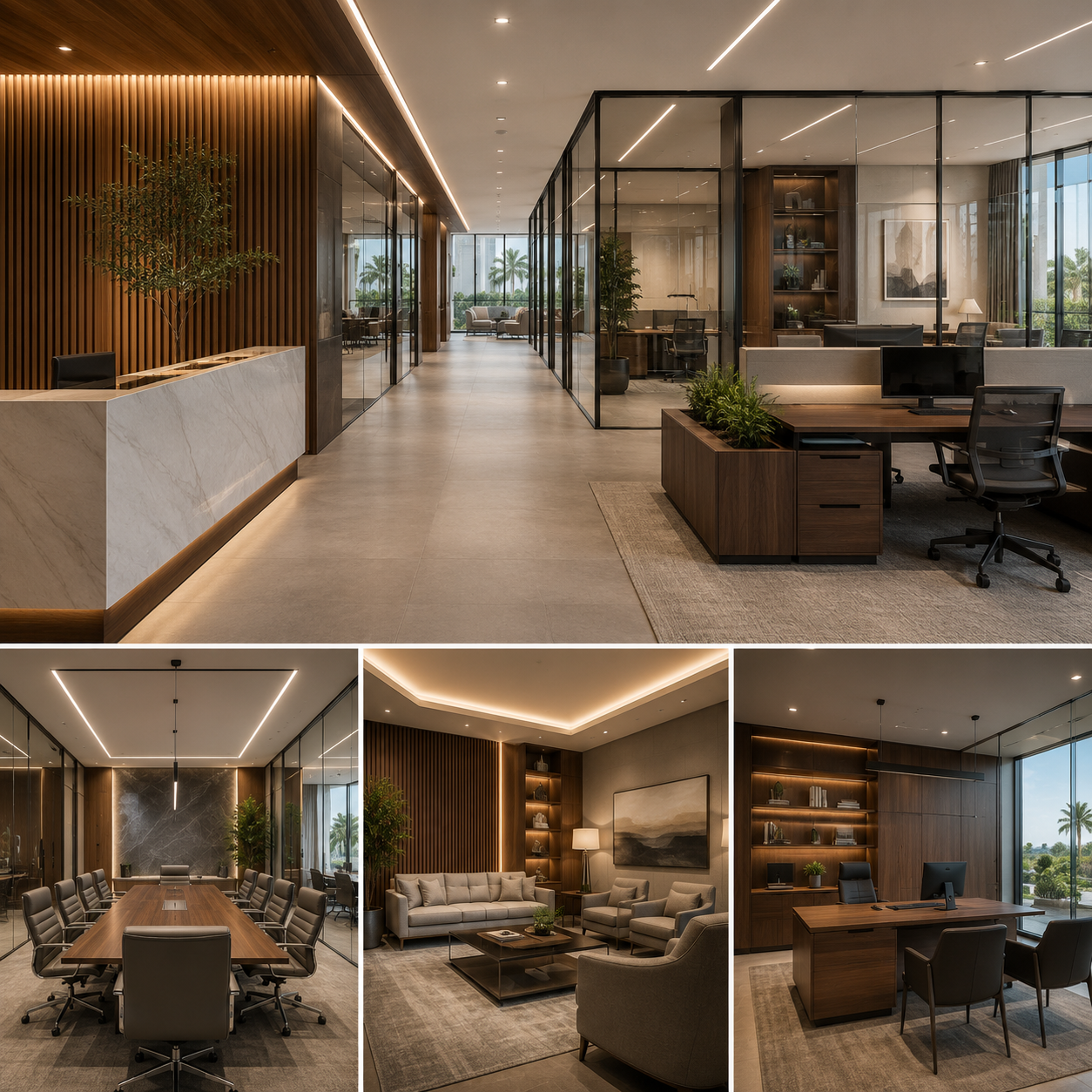 Modern and professional office interiors for Huntington Drive businesses featuring glass partitions, custom wood finishes, ergonomic workstations, conference rooms, and executive office spaces.