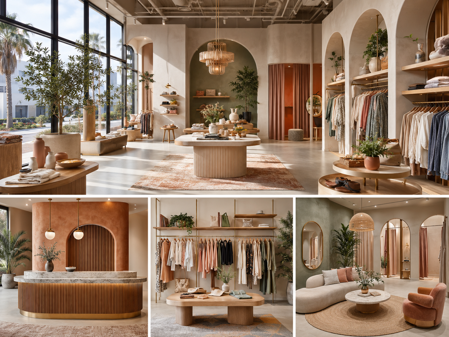 Modern retail store interior design featuring a boutique showroom, cashier counter, apparel display area, and customer lounge with warm natural finishes