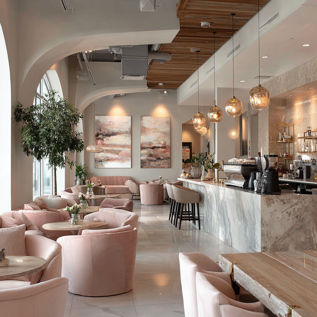 Upscale commercial breakroom with acoustic ceilings and communal tables by office interior designers in Agoura Hills