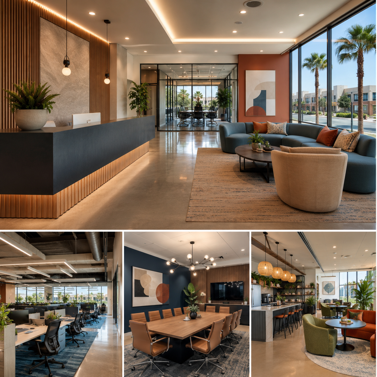 Office interior design in Anaheim showing a reception area, open office, conference room, and break area with modern finishes and colorful accents.