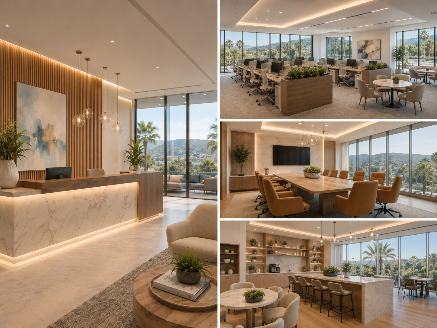 Luxury corporate office collage with a coastal-modern lobby by office interior designers in Aliso Viejo