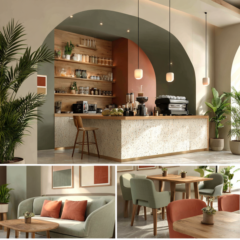 Four-image collage of a modern trendy café interior by office interior designers in Aliso Viejo