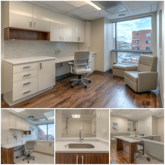 Professional medical clinic interior design showing reception, patient waiting area, exam room, consultation space, and clinical storage with modern healthcare finishes.