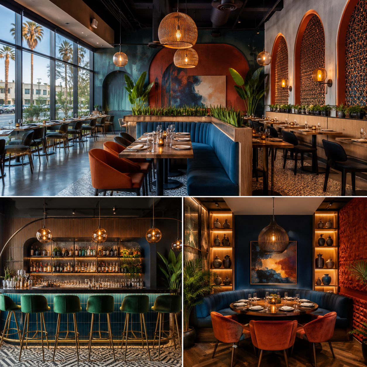Restaurant interior design in Anaheim showing a modern dining space with elegant seating, warm lighting, rich color accents, and a stylish contemporary atmosphere.
