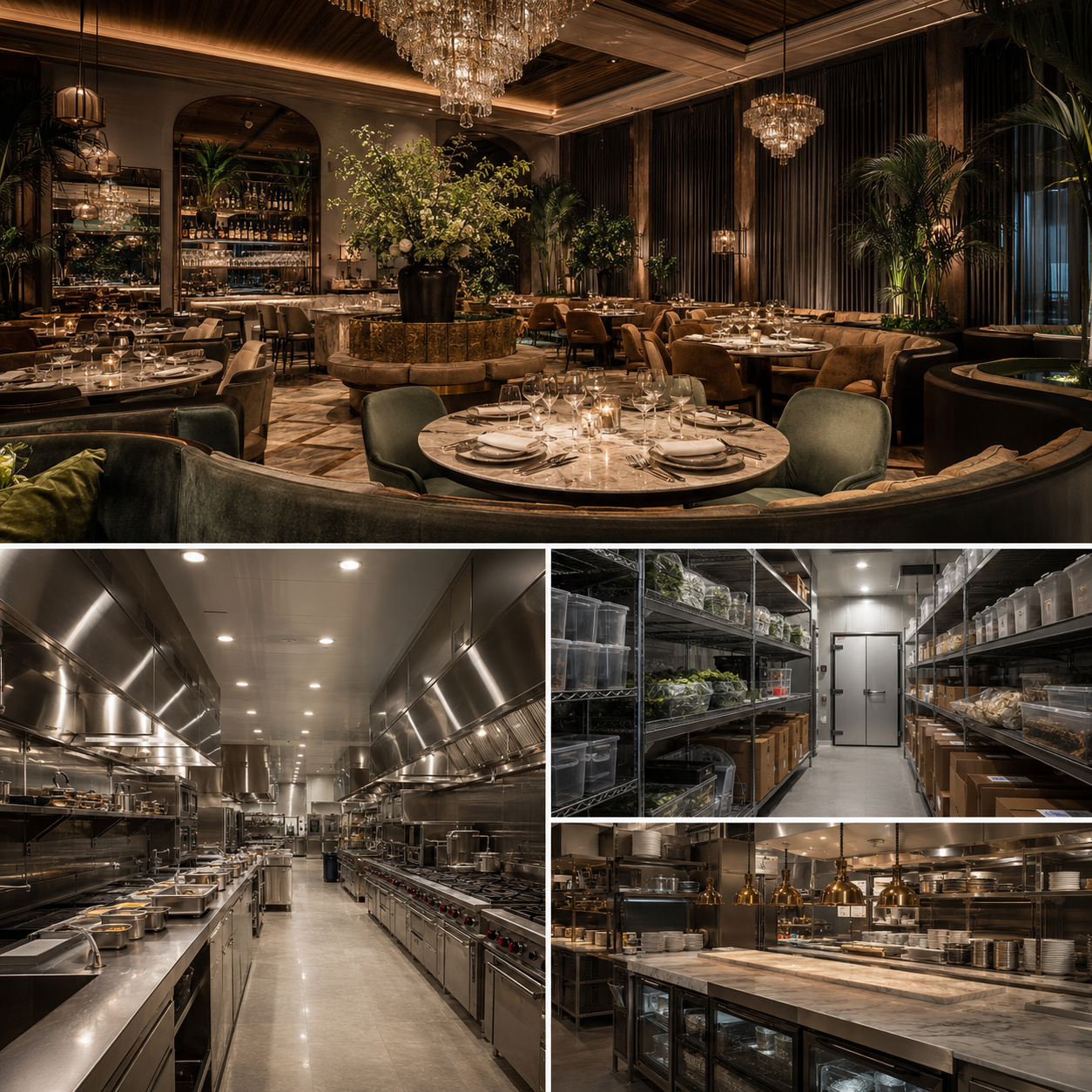 Restaurant interior design in Beverly Hills showing a luxury dining area, commercial kitchen, cold storage room, and prep station with modern hospitality design.
