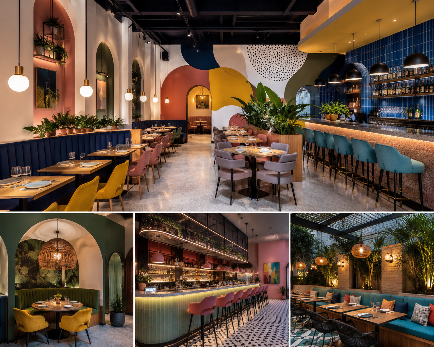 Restaurant interior design in Brea showing a colorful dining room, bar area, private seating, and lounge space with vibrant colors, plants, and modern finishes.