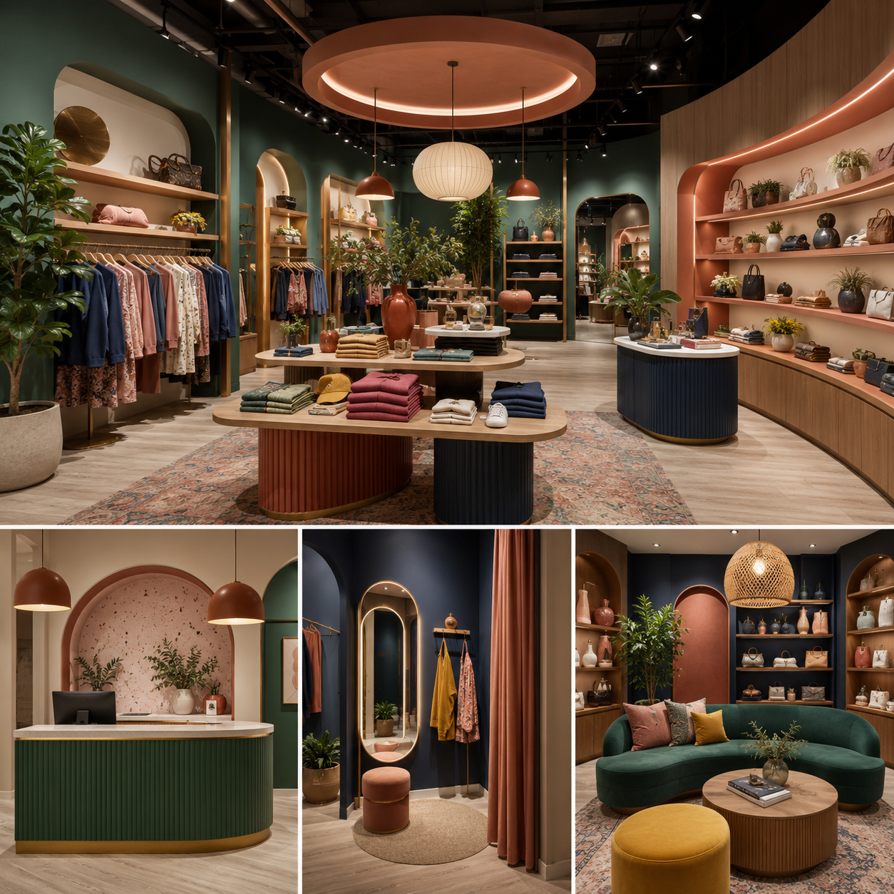 Retail store interior design in Brea showing colorful product displays, checkout counter, fitting room, and lounge area with modern retail décor and warm lighting.