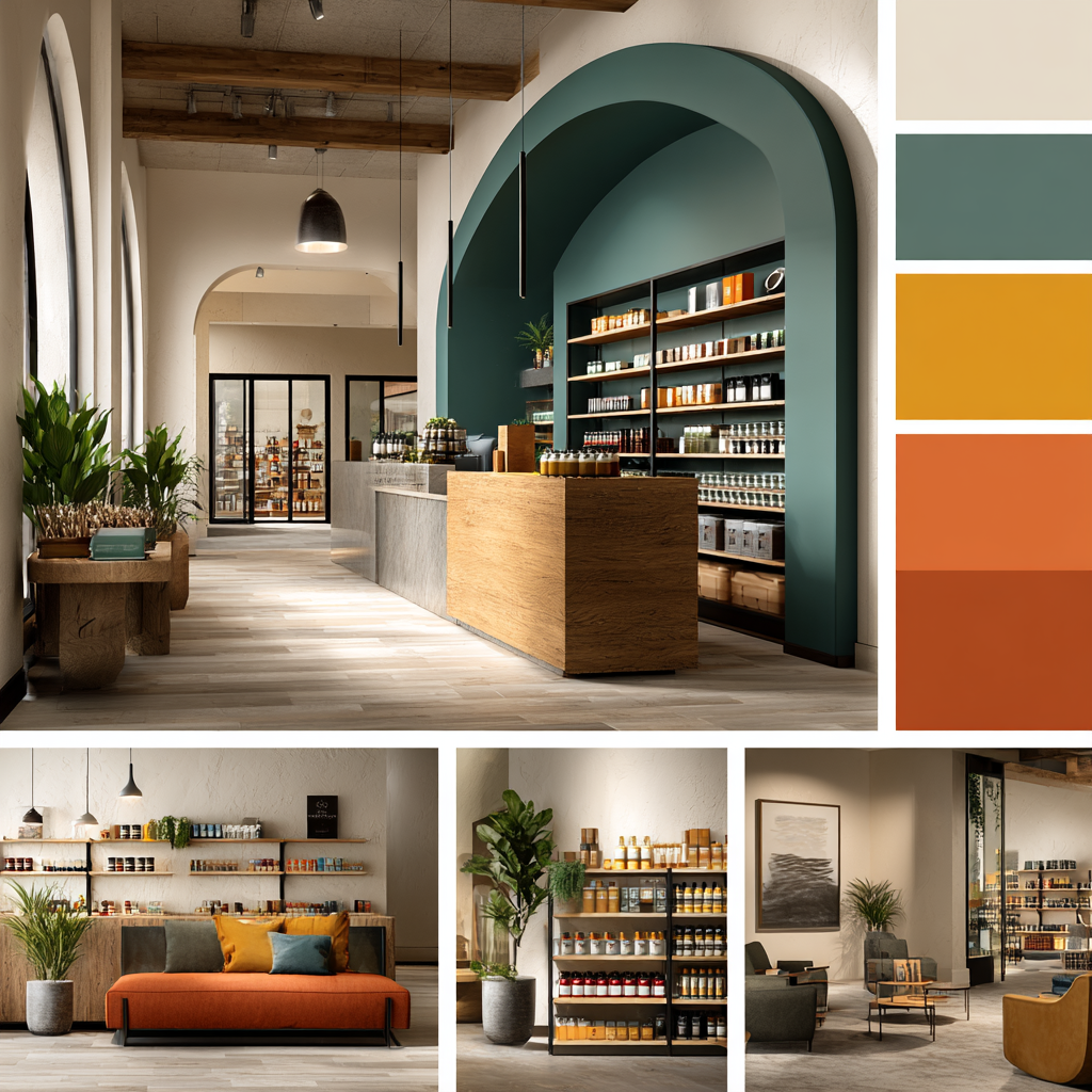Retail store interior design in Buena Park showing a shopping area, checkout counter, fitting room, and display lounge with colorful modern commercial interiors.