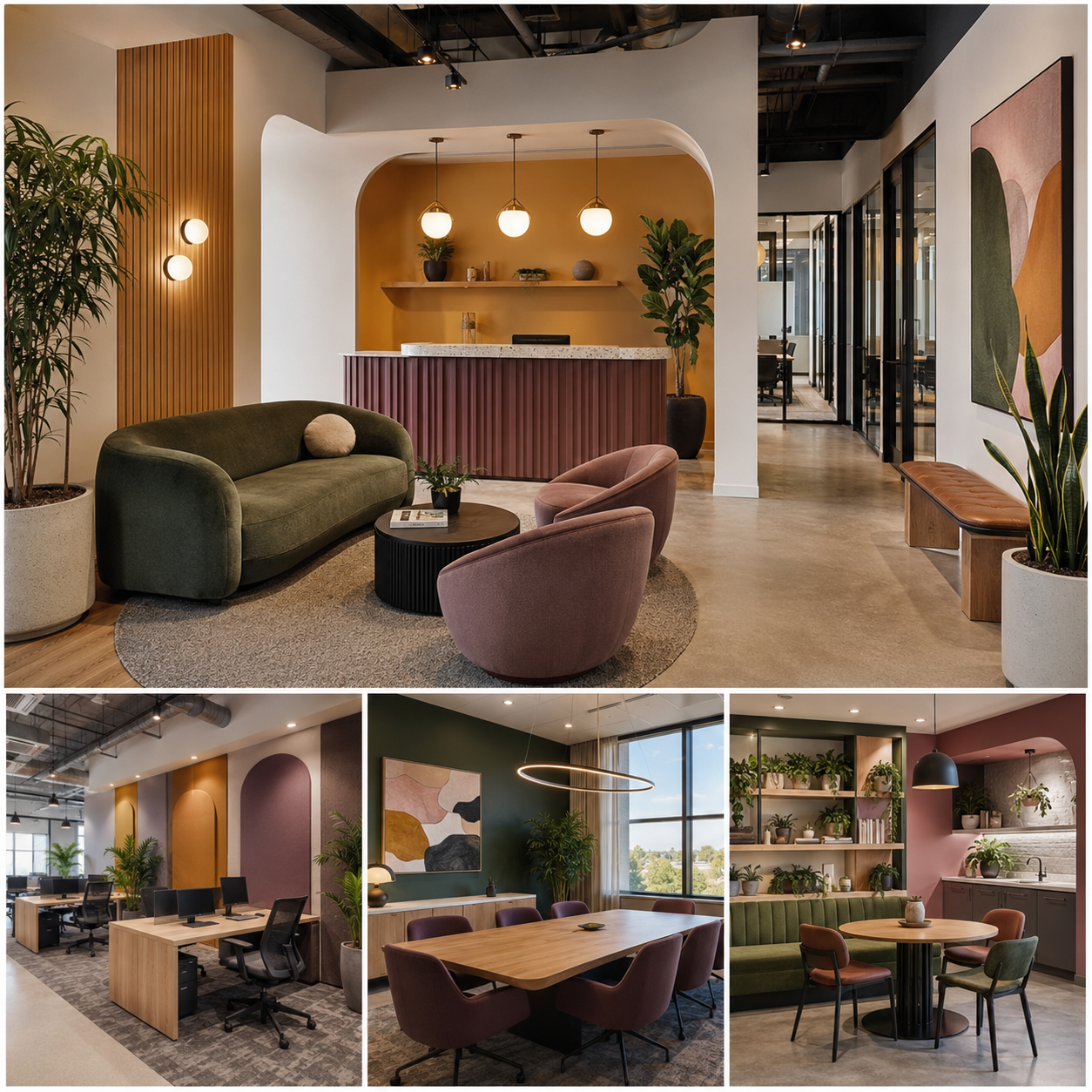 Small office interior design in Brea showing a colorful reception area, compact office workspace, meeting room, and break area with modern fresh finishes.