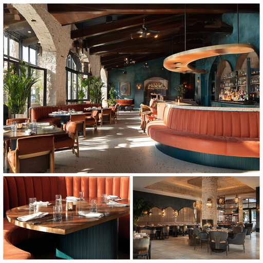 Bold luxury restaurant interior in Huntington Beach featuring a dramatic dining room, cocktail bar, private dining space, and stylish entrance lounge