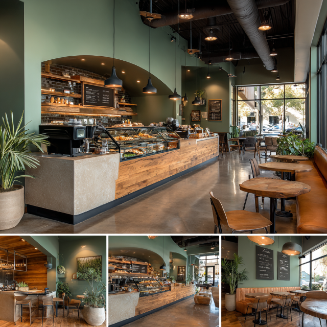 Modern coffee shop interior design in Ladera Ranch, CA with coffee bar, lounge seating, pastry display, and customer service areas