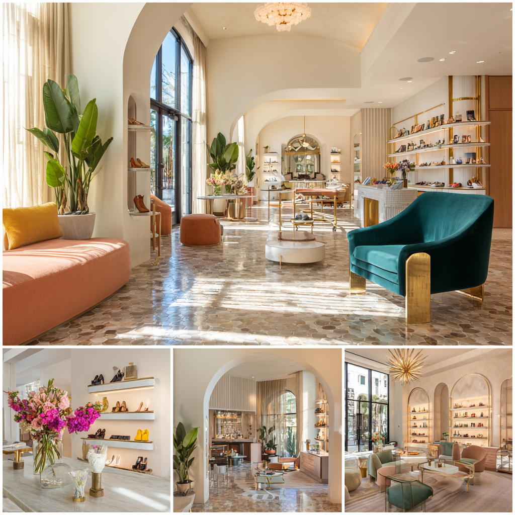 Colorful upscale boutique in La Palma with premium display islands, elegant fitting area, customer service counter, and stylish lounge space