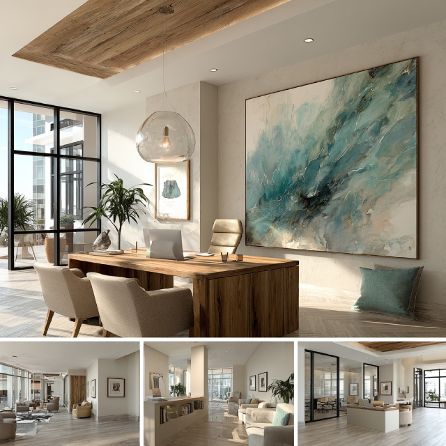 Commercial office interior design in Laguna Beach, CA featuring open workspaces, executive offices, conference rooms, and reception areas