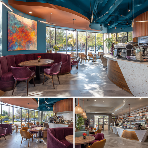 Contemporary café interior collage in La Verne with elegant seating, specialty coffee bar, lounge space, and retail display area