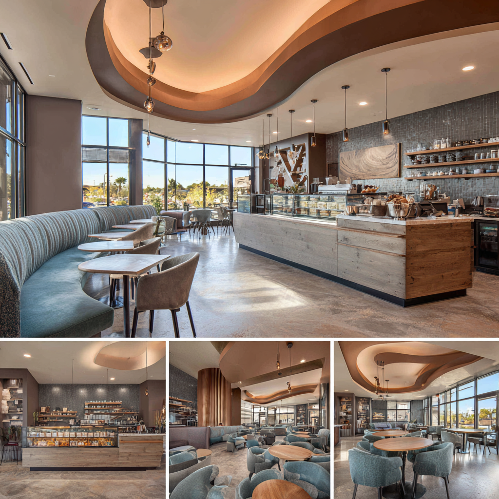 Contemporary café interior collage in Laguna Hills with curved seating, specialty coffee bar, lounge area, and modern retail display
