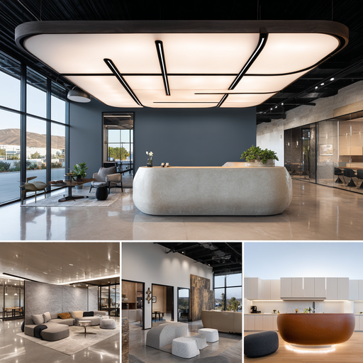 Contemporary commercial office collage in La Verne with collaborative workstations, client reception, executive meeting room, and coffee lounge