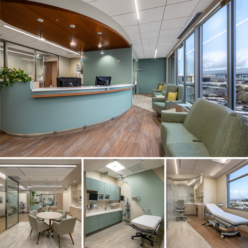 Contemporary healthcare clinic in Fullerton with patient reception, medical examination room, consultation space, and procedure room