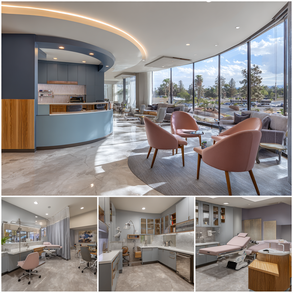 Contemporary healthcare clinic interior in La Palma with a designer waiting area, exam room, consultation space, and treatment room