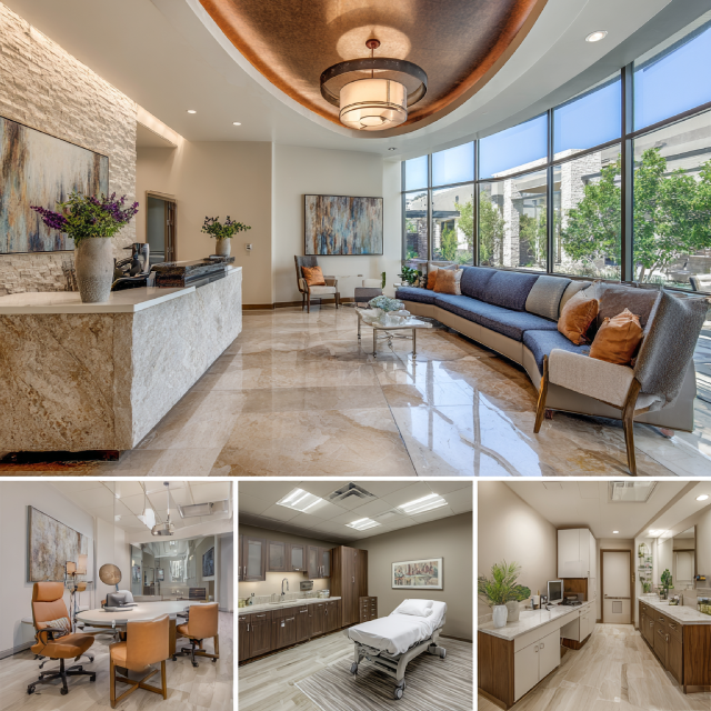 Contemporary healthcare clinic interior in Yorba Linda with patient reception, exam room, consultation space, and procedure room