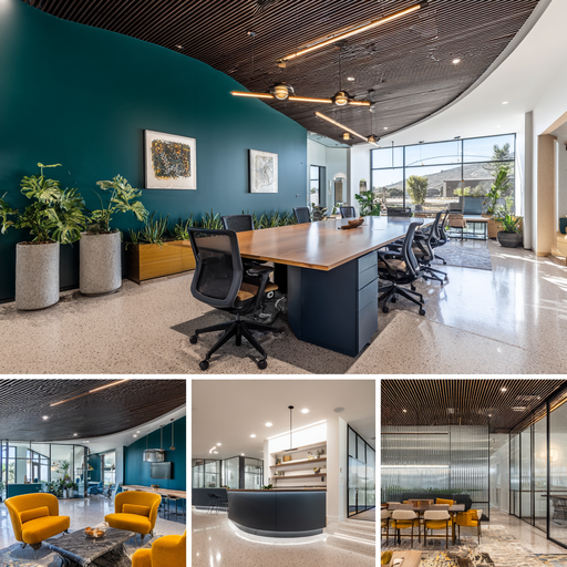 Colorful contemporary office in Garden Grove with collaborative workspace, client reception, glass meeting room, and modern employee lounge
