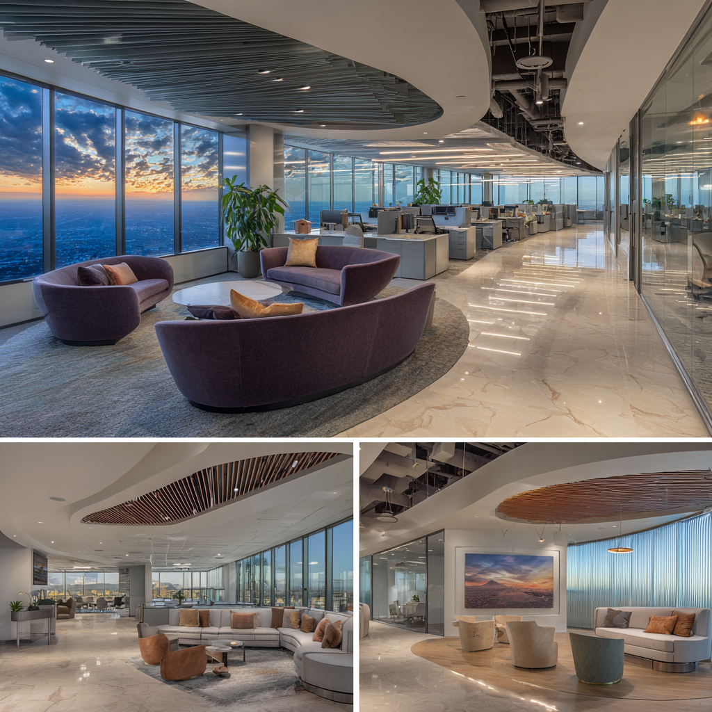 Contemporary office design in Huntington Beach with collaborative workstations, client reception, conference room, and colorful employee lounge