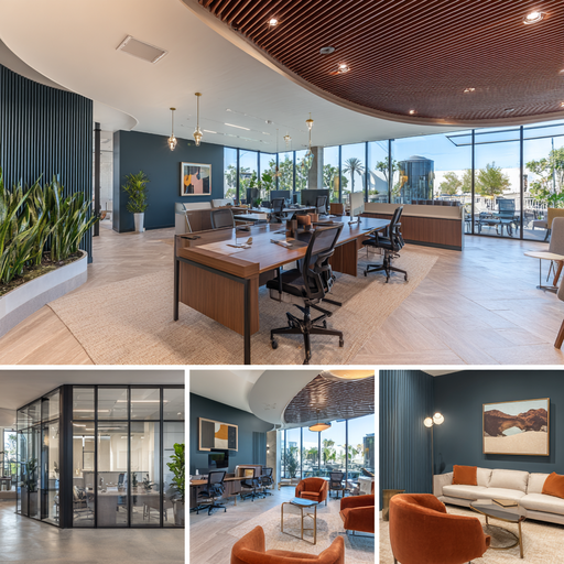 Contemporary office design in La Habra with collaborative workstations, client reception, glass conference room, and modern break area