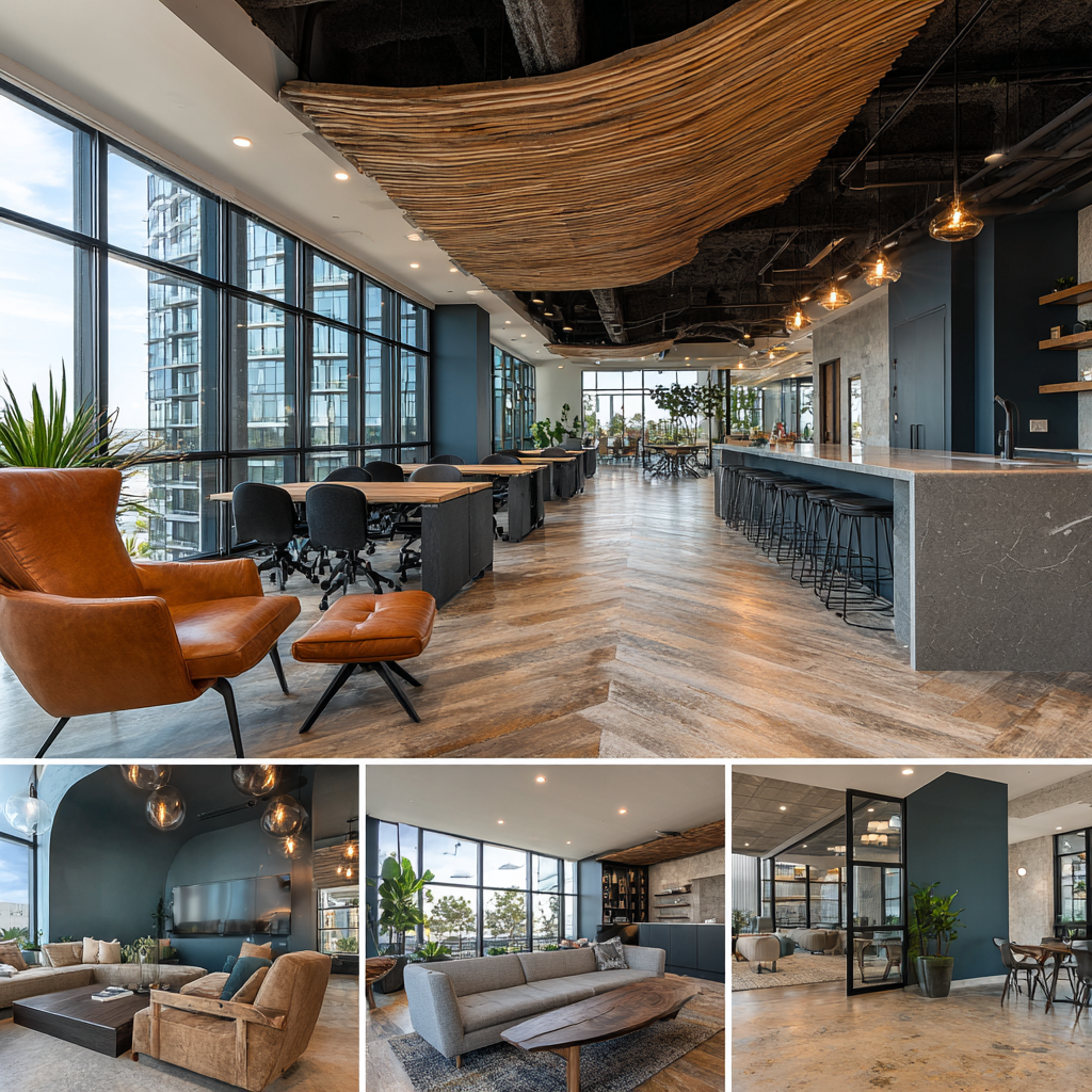 Contemporary office interior collage in Long Beach with collaborative workspaces, reception lounge, executive meeting room, and modern coffee area