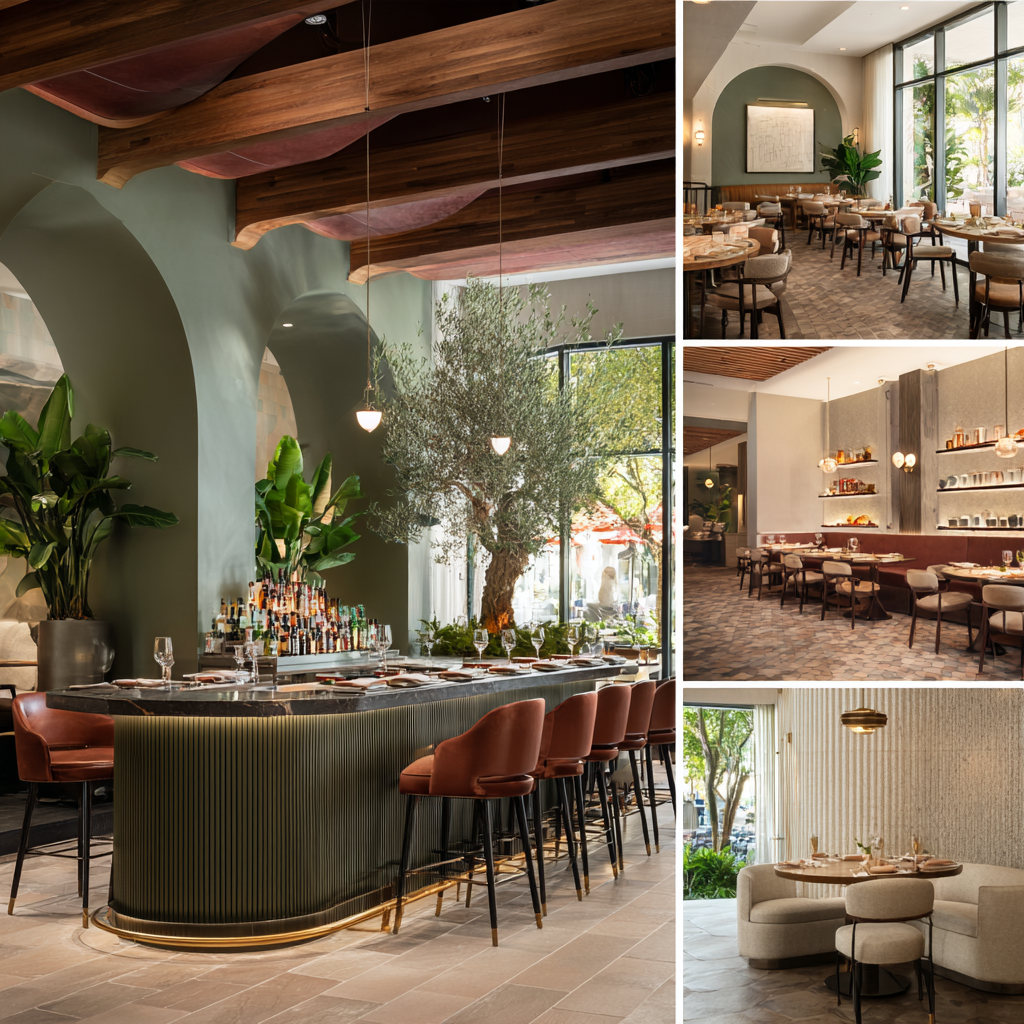 Contemporary restaurant design in La Habra with elegant dining seating, illuminated bar, private dining room, and upscale waiting lounge