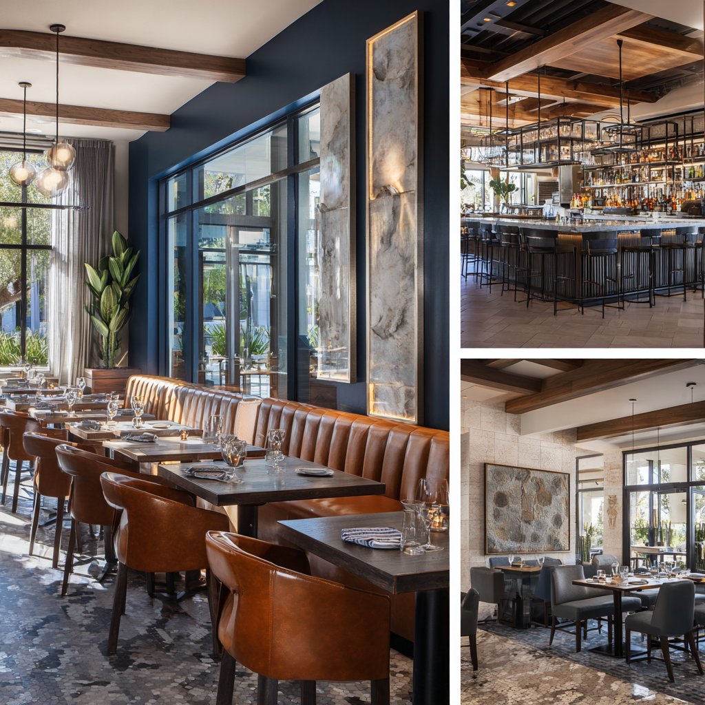 Contemporary restaurant interior collage in Laguna Hills with elegant dining seating, illuminated bar, private dining space, and upscale waiting area