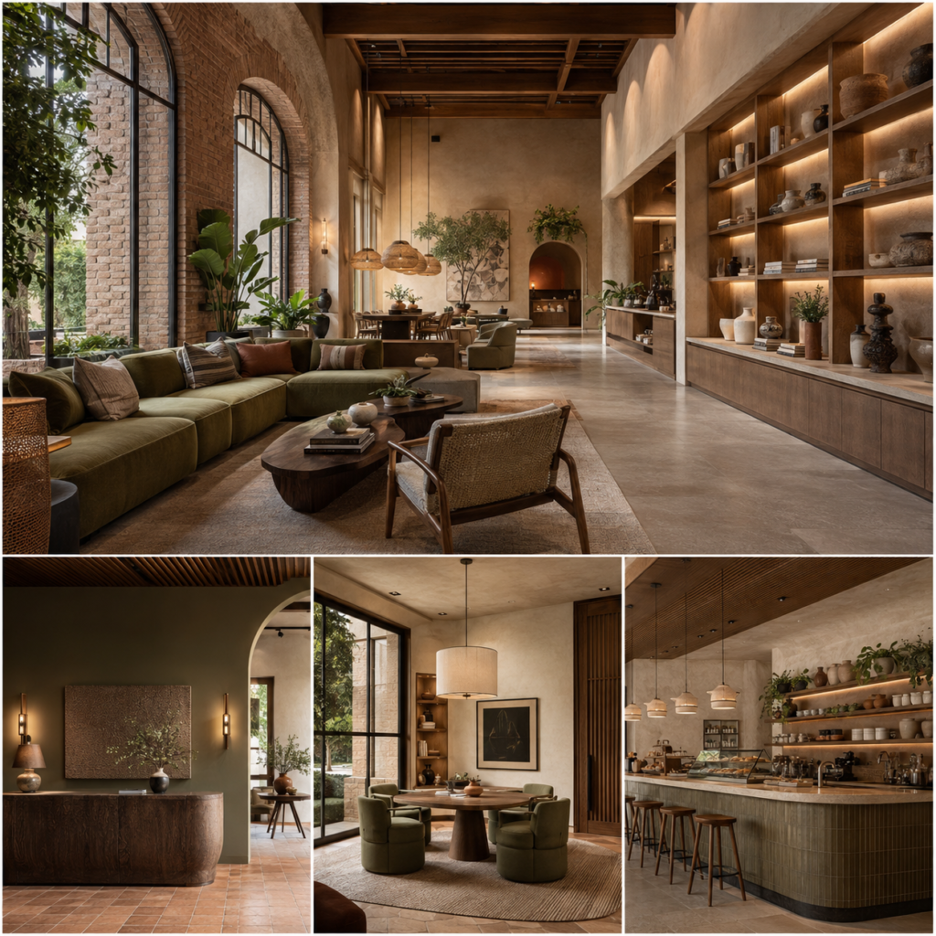 Contextual commercial interior design featuring a main lounge area, reception space, private meeting area, and café-style service counter