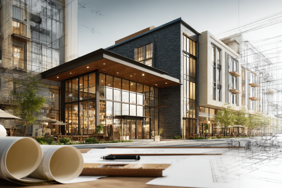 Modern commercial building design concept showing architectural blueprints transitioning into a finished contemporary commercial building