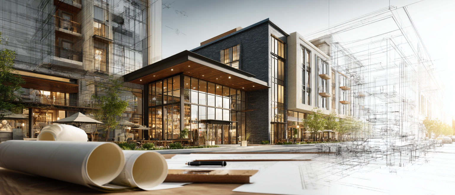 Modern commercial building design concept showing architectural blueprints transitioning into a finished contemporary commercial building