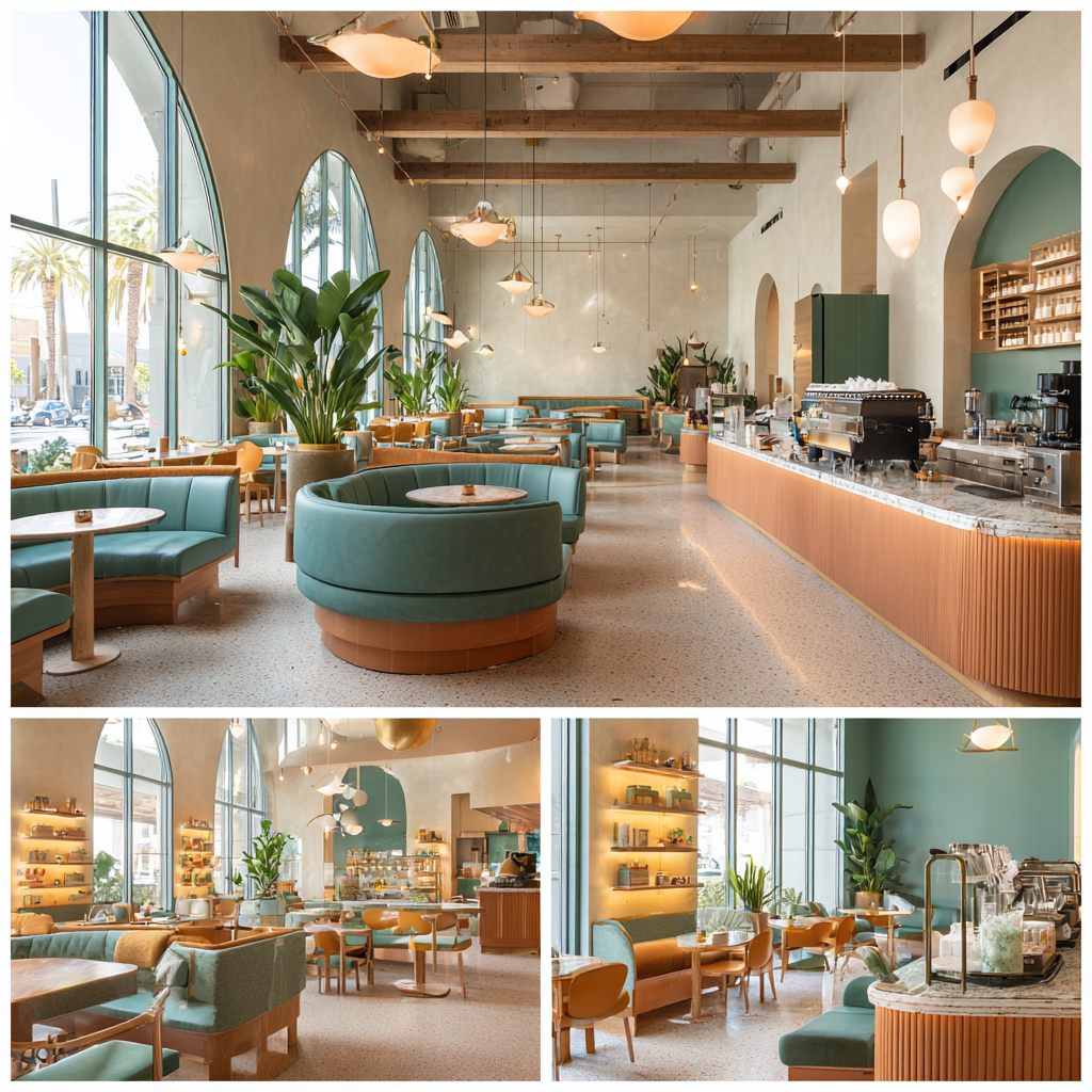 Instagrammable coffee shop interior featuring a main seating area, espresso bar, lounge space, and grab-and-go retail corner