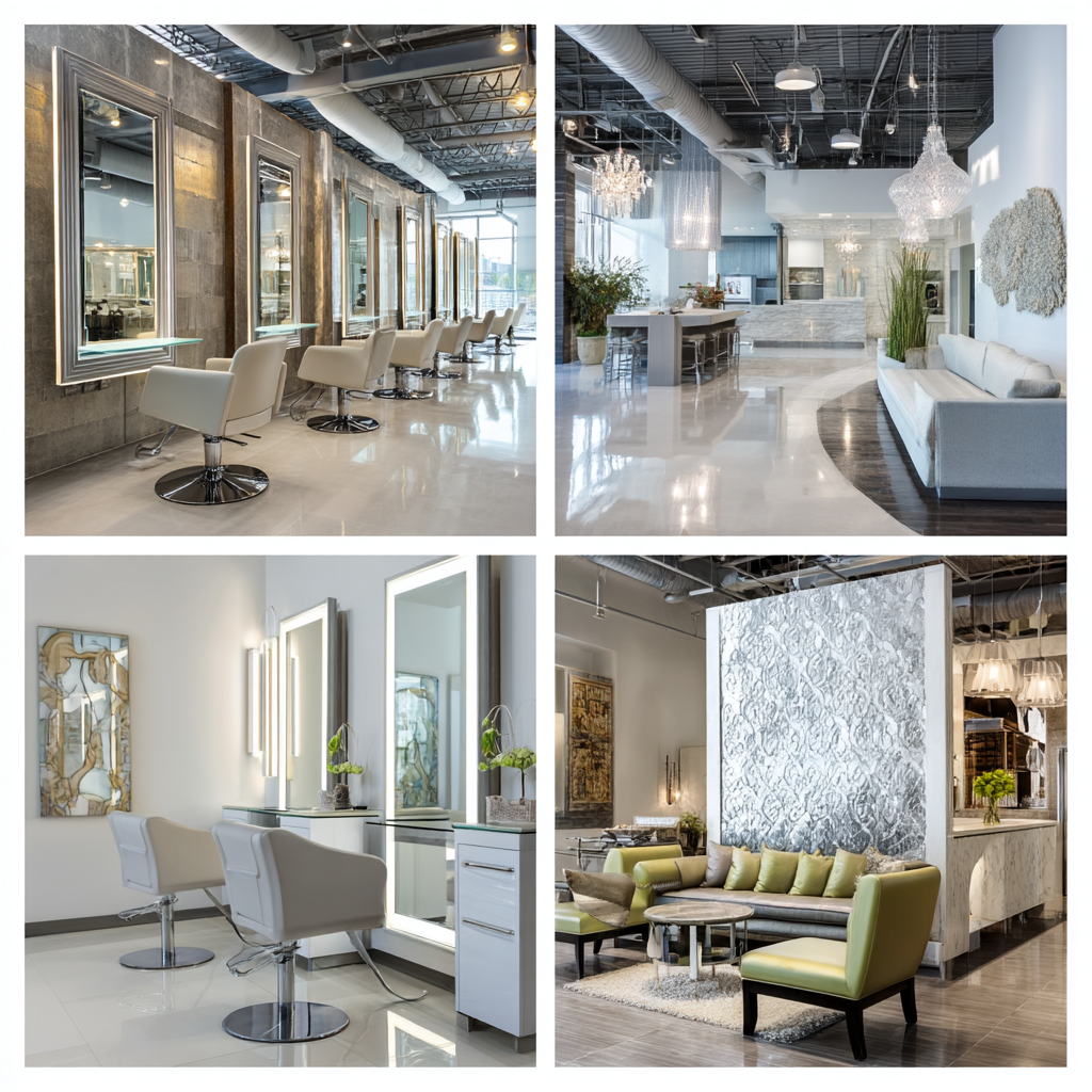 Luxury beauty salon interior in Cypress featuring styling stations, reception lounge, private skincare treatment room, and manicure area