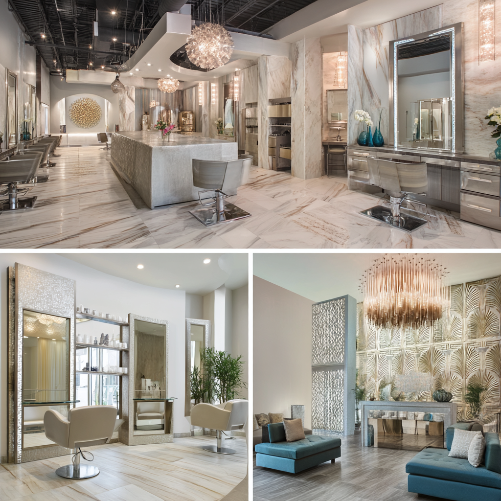 Luxury beauty salon interior in Fountain Valley featuring a styling area, reception lounge, private facial treatment room, and manicure bar