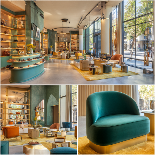 Luxury boutique interior in La Palma featuring a vibrant retail floor, stylish checkout area, elegant fitting room, and chic display lounge