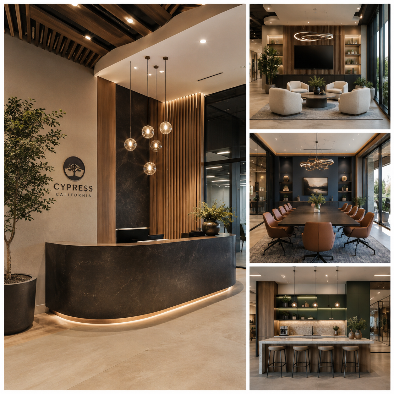 Luxury commercial office interior in Cypress featuring a modern reception area, executive meeting room, client lounge, and employee break space