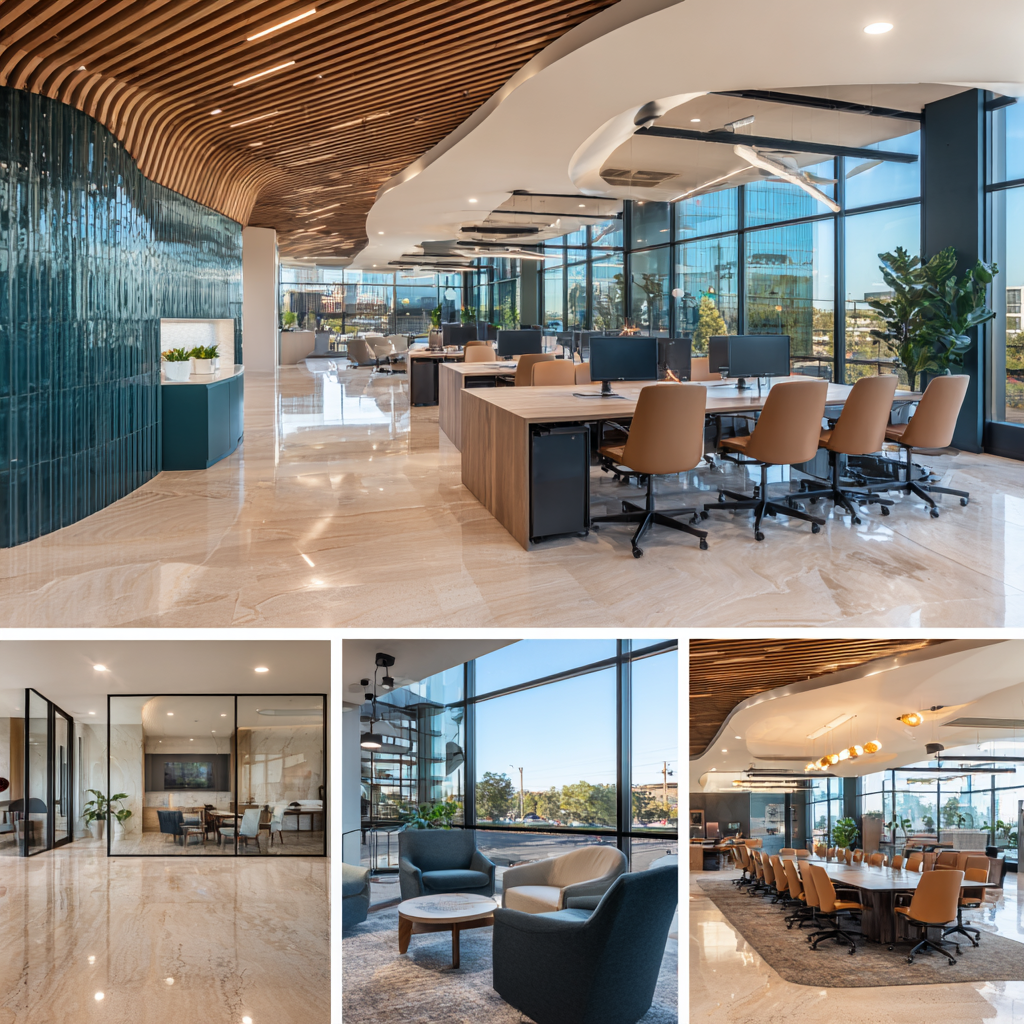 Luxury commercial office interior in Irvine featuring an open workspace, reception lounge, executive conference room, and employee break area