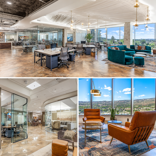 Luxury corporate office interior in Fullerton featuring an open workspace, reception lounge, executive conference room, and employee break area
