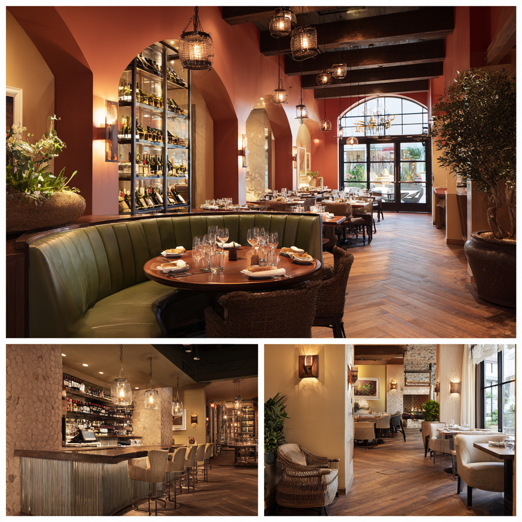 Luxury Italian restaurant interior in Huntington Beach featuring a main dining room, pasta and wine bar, private dining room, and elegant entrance lounge