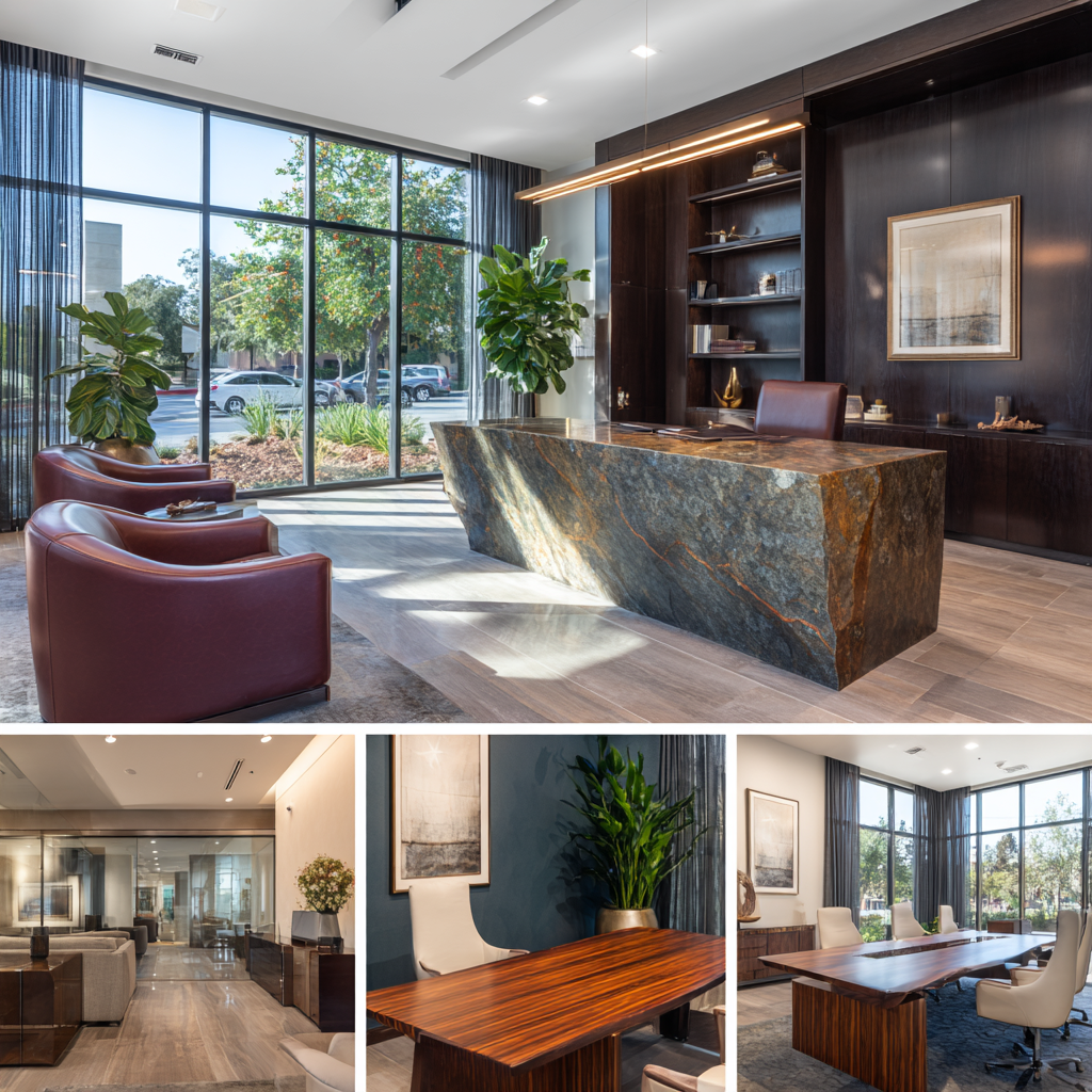 Luxury law office interior in Garden Grove featuring a reception area, executive attorney office, conference room, and private consultation space