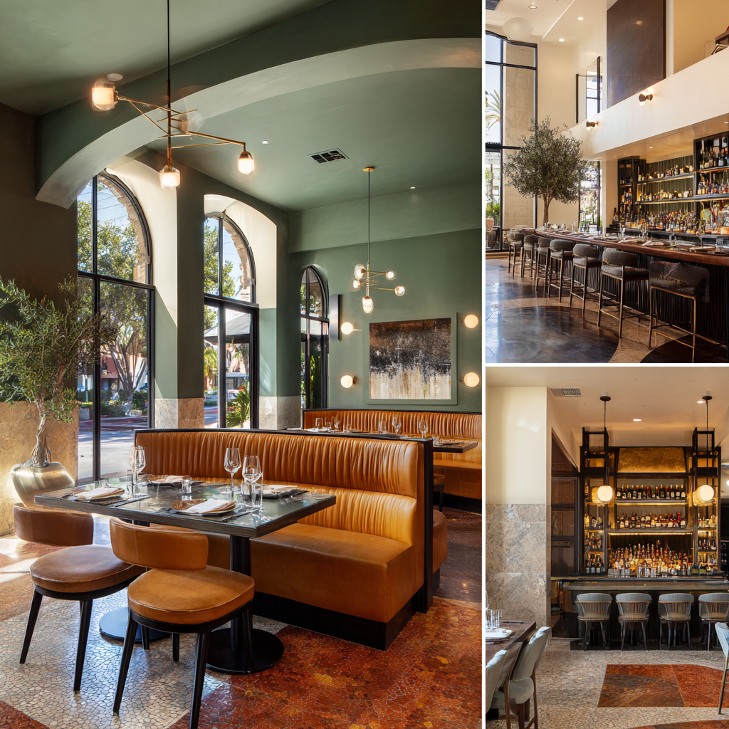 Luxury restaurant interior in Fullerton featuring a main dining room, cocktail bar, private dining room, and stylish entrance lounge