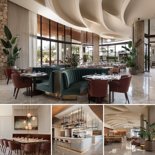 Luxury restaurant interior in Irvine featuring a dramatic dining room, cocktail bar, private dining area, and elegant entrance lounge
