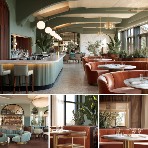 Luxury restaurant interior in La Palma featuring elegant dining seating, a premium cocktail bar, indoor greenery, and refined Southern California finishes