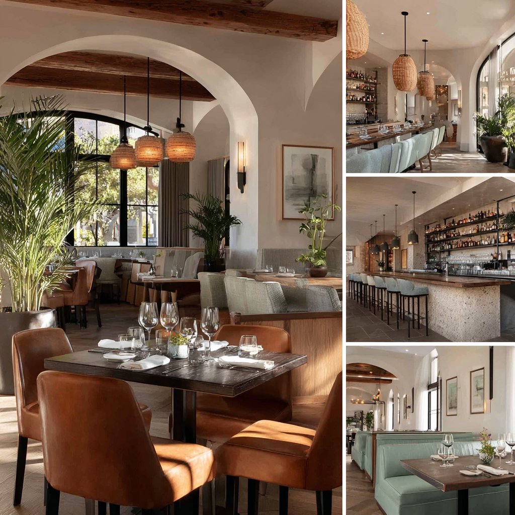 Luxury restaurant interior collage in Laguna Beach with a refined dining room, contemporary bar, private dining area, and upscale reception entrance