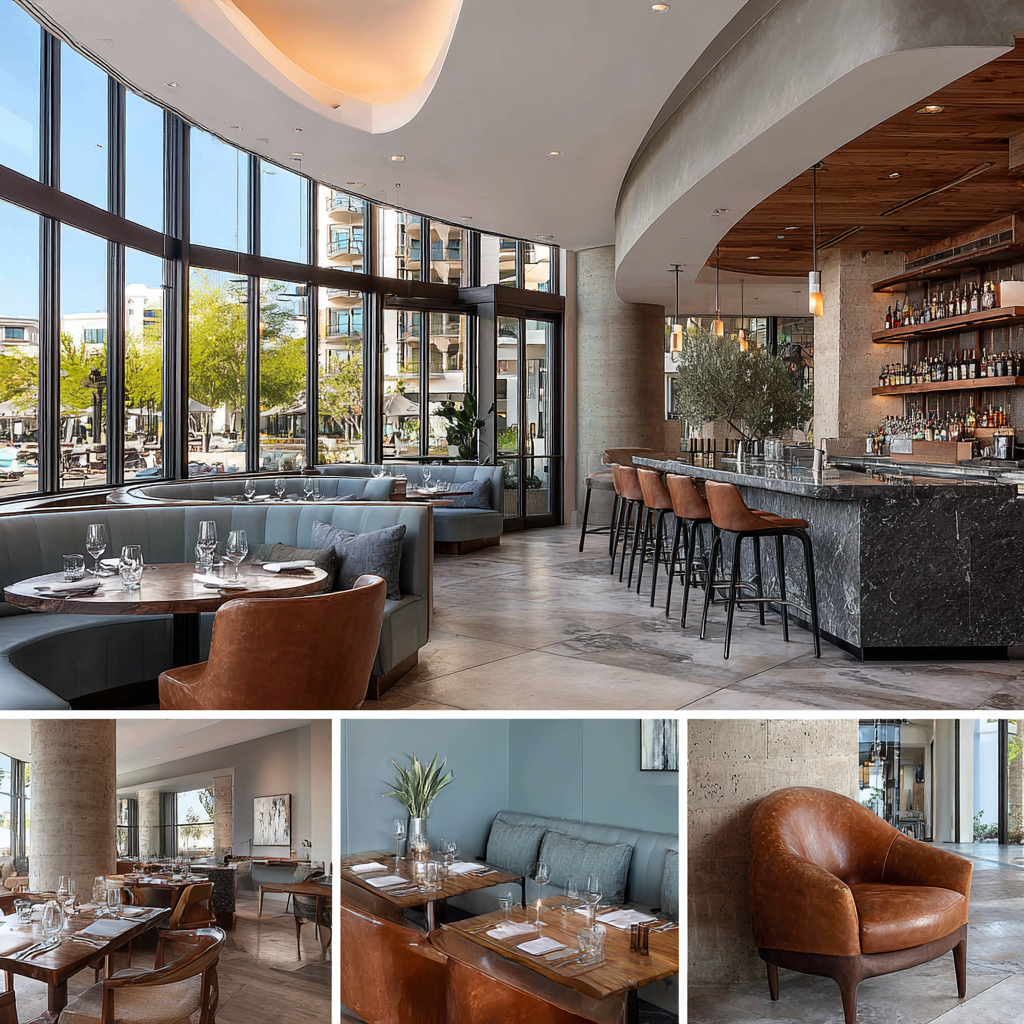 Luxury restaurant interior design in Long Beach featuring a main dining room, cocktail bar, private dining area, and elegant reception lounge