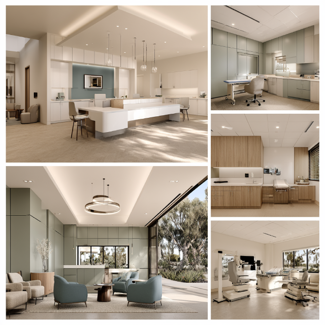 Medical center interior design in Ladera Ranch, CA featuring reception, consultation, examination, and treatment areas