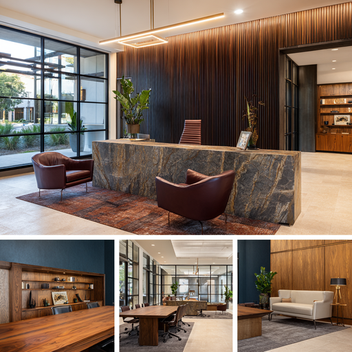 Modern attorney office in Garden Grove with client reception, executive workspace, glass conference room, and private meeting area
