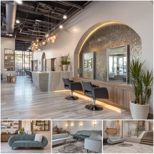 Modern beauty salon interior in Covina featuring styling stations, reception lounge, private treatment room, and manicure area